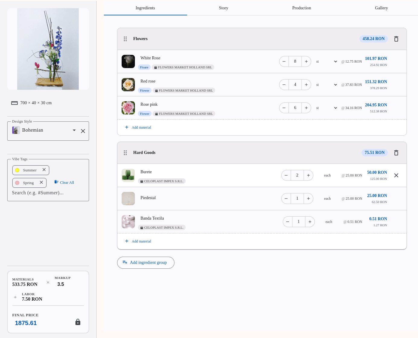 Éditeur de recettes Bloompath affichant un arrangement floral