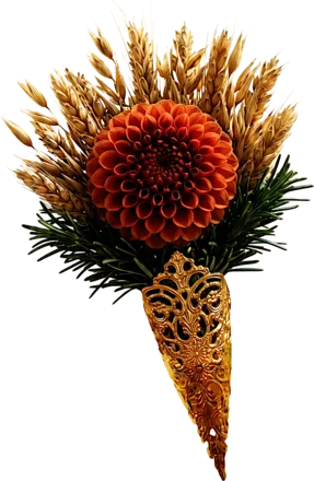 Statement Tussie Mussie — a small round bouquet of dahlia, rosemary and wheat in a posy holder